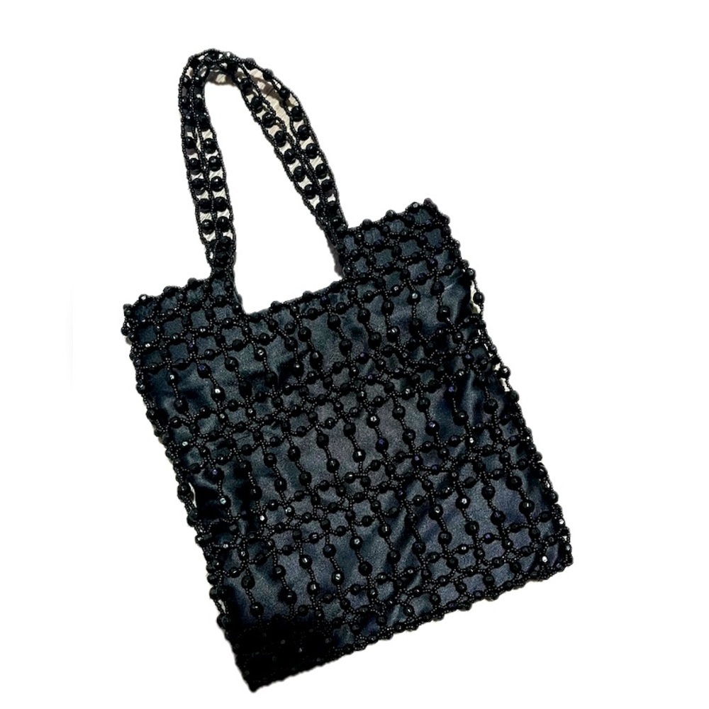 Vintage Giorgio Beverly Hills Black Beaded Satin Evening Bag Flapper Style Purse
